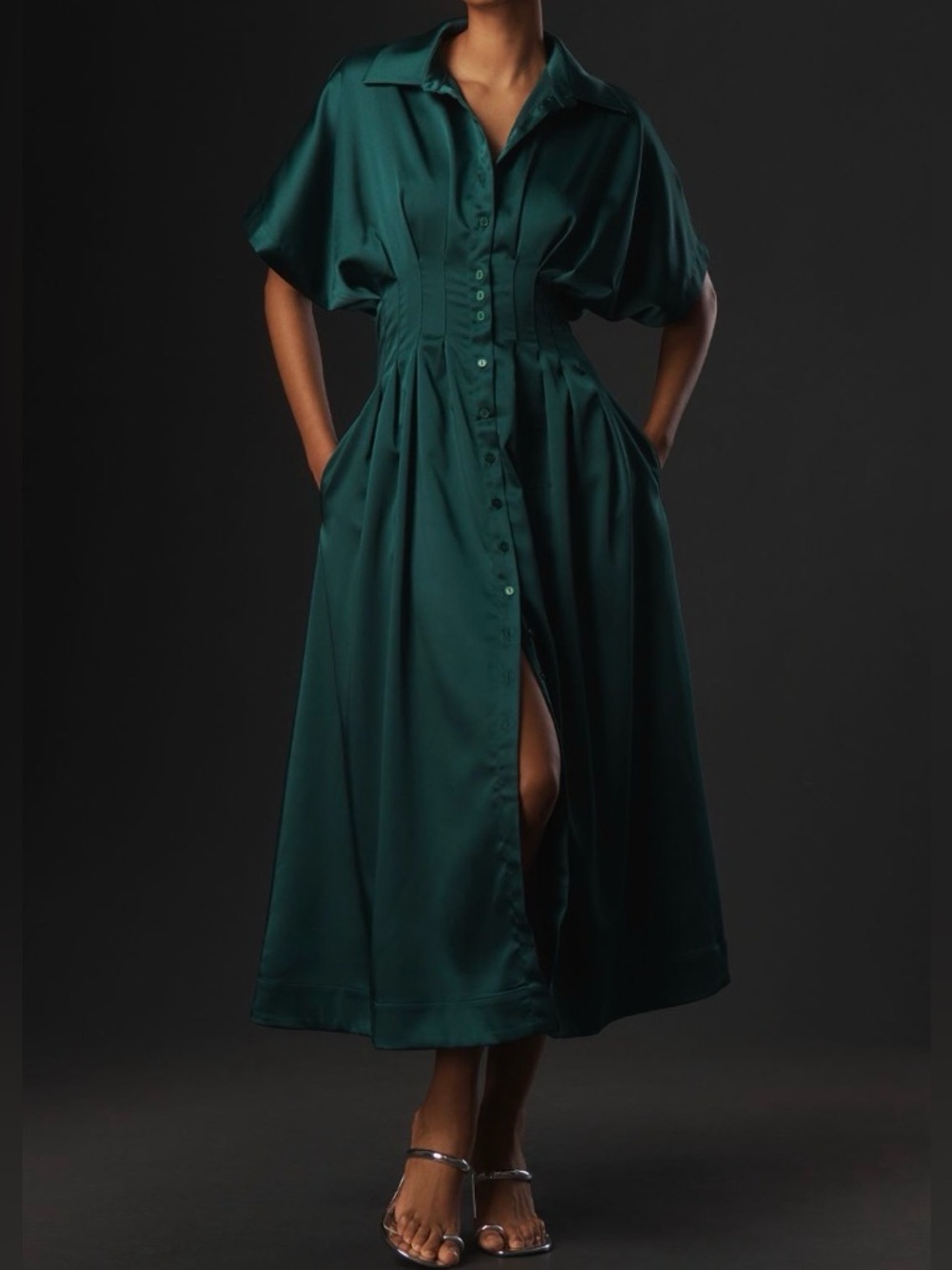 Anthropologie The Tobie Emerald Green Satin Maxi Shirt Dress by Exquise, Size LP - Picture 4 of 14